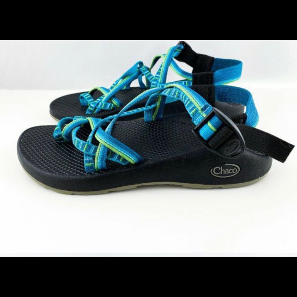 Chaco ZX/2. River Blue and green strip hiking sandals. Women size 8.